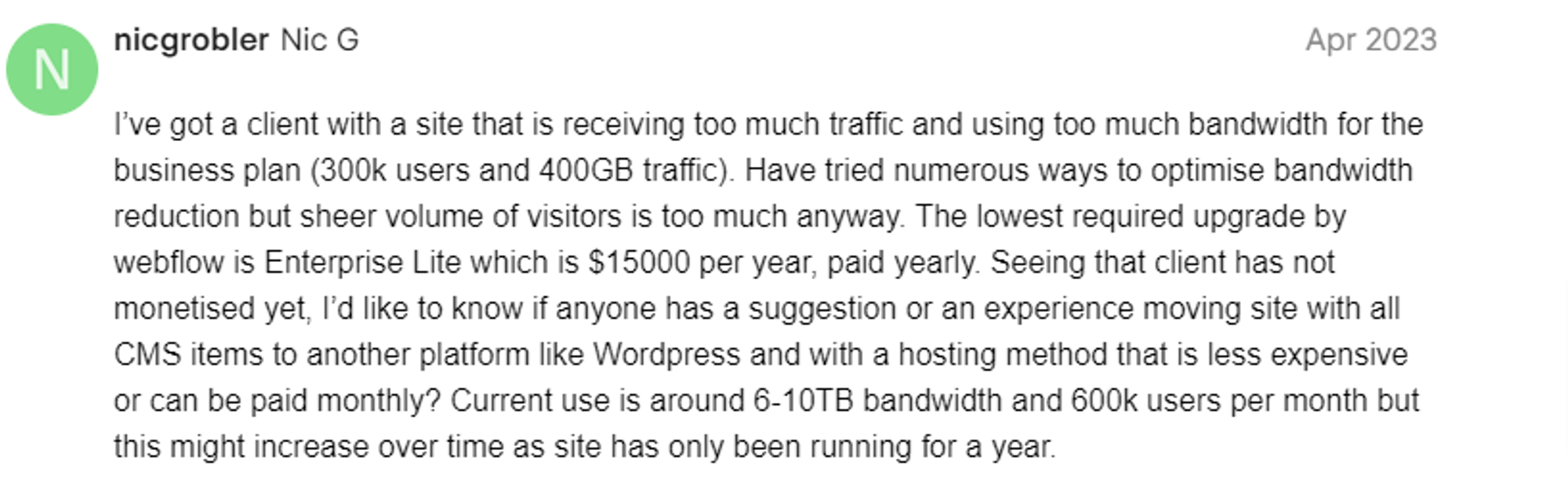 Reddit Comment on Webflow bandwidth