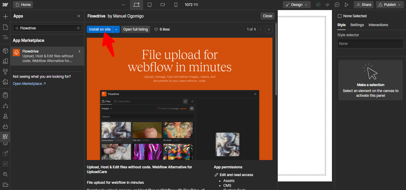 Webflow app search showing flowdrive