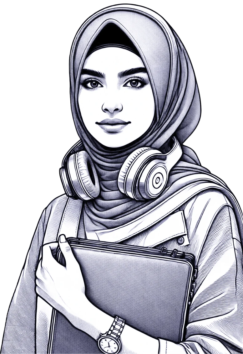 A drawing of a woman wearing headphones and holding a laptop.