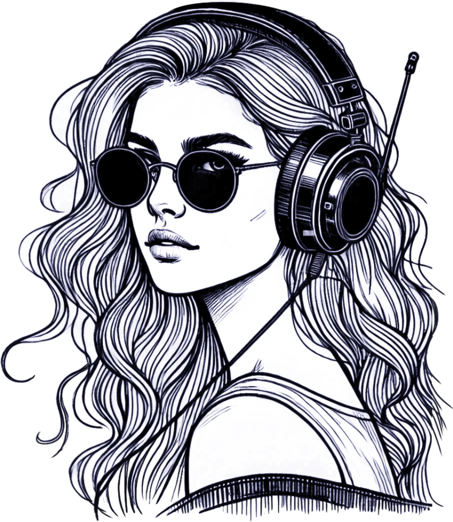 A drawing of a woman wearing headphones.