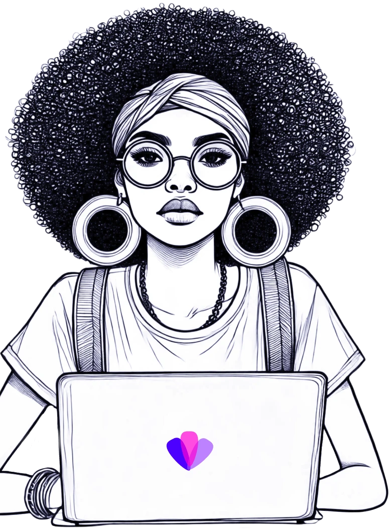 A drawing of a woman with an afro using a laptop.